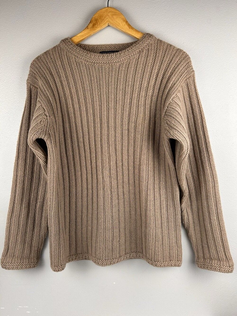 Vintage Abercrombie Fitch Sweater W M Beige Wool Crew Neck Chunky Knit Fisherman